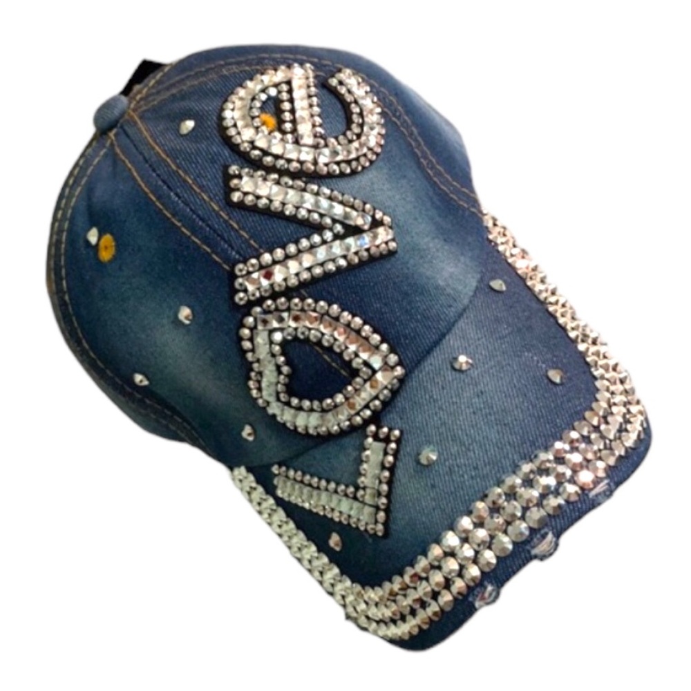 VITALIA Blue Denim Rhinestone Studded “LOVE” Baseball Cap